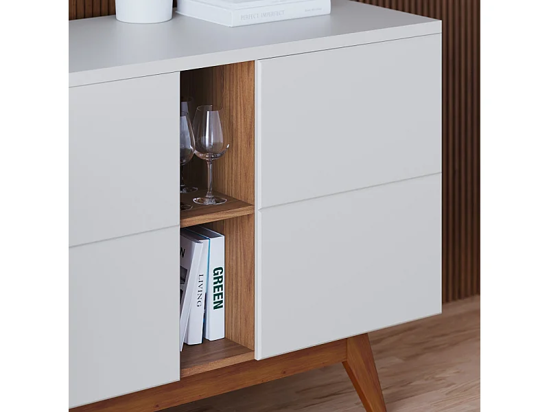 Buffet Bas 3 Portes 7 Niches Blanc et Chêne 5 Pieds Bois L 160 H 80.2 P 44.5 cm