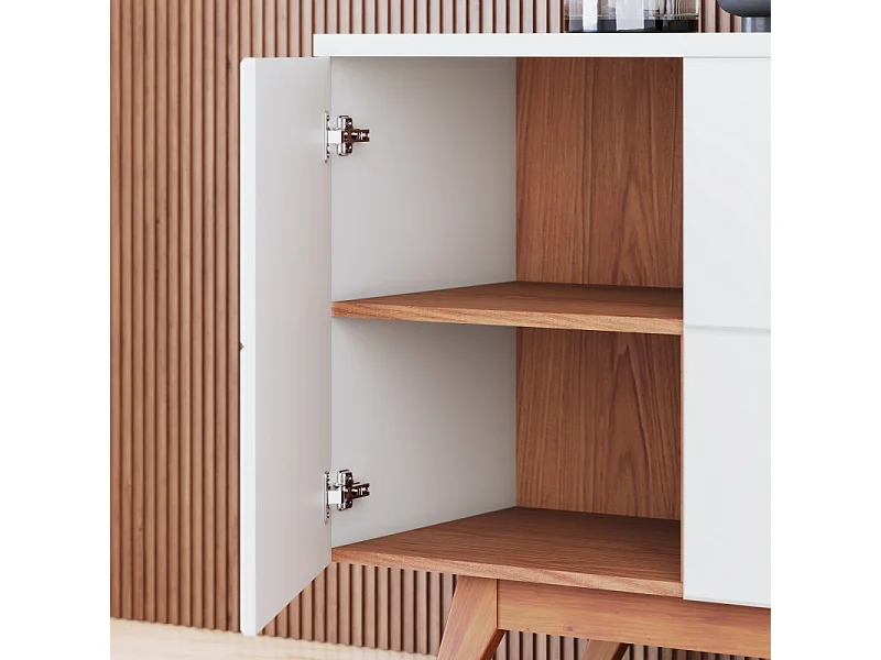 Buffet Bas 3 Portes 7 Niches Blanc et Chêne 5 Pieds Bois L 160 H 80.2 P 44.5 cm