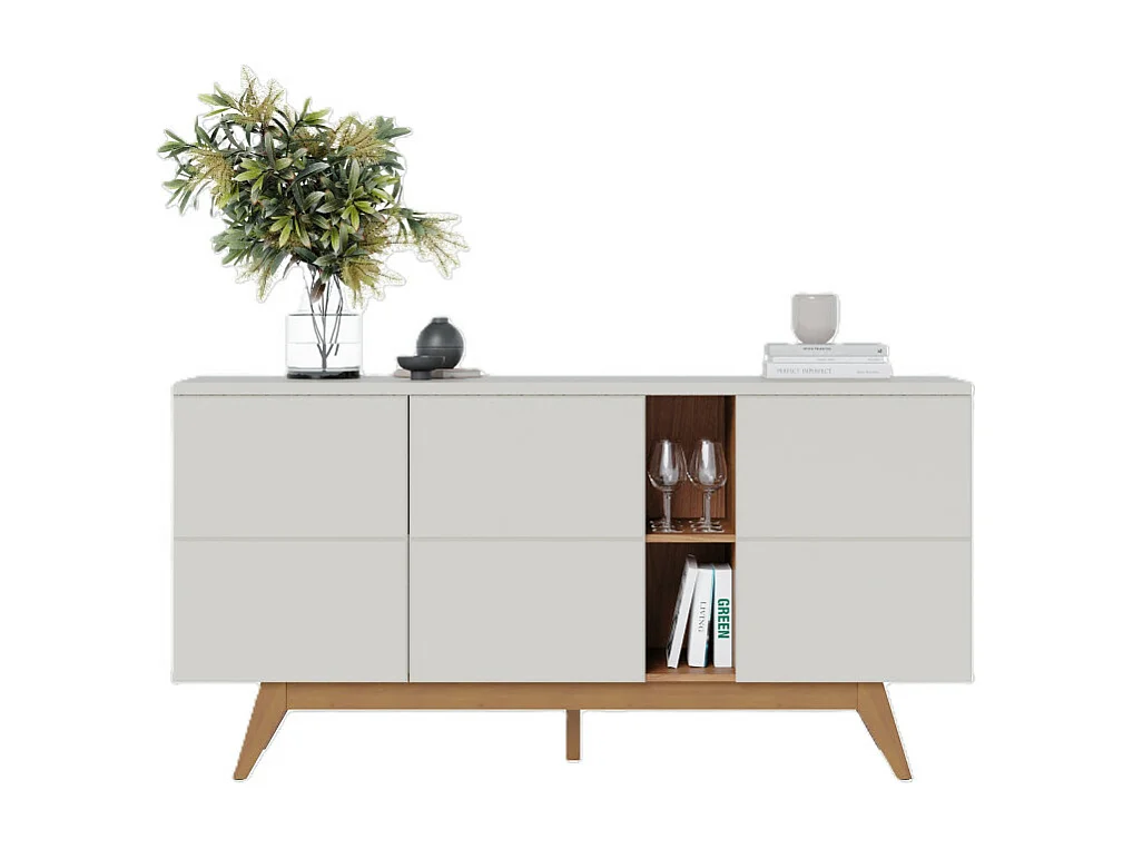 Buffet Bas 3 Portes 7 Niches Blanc et Chêne 5 Pieds Bois L 160 H 80.2 P 44.5 cm