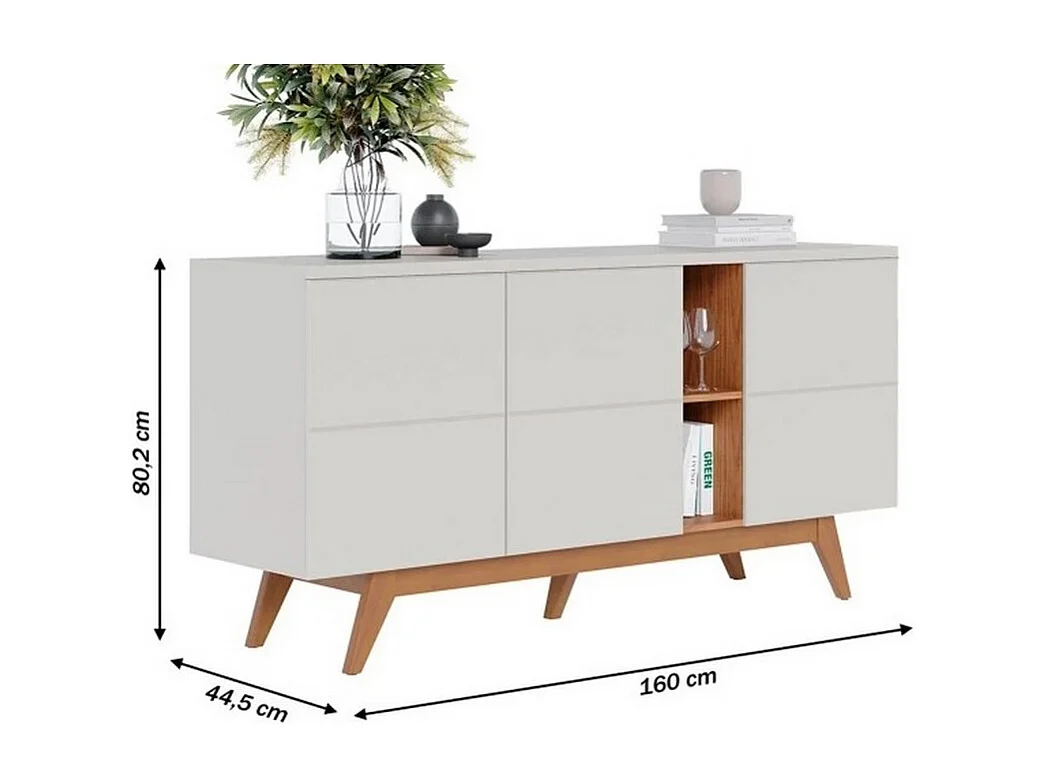 Buffet Bas 3 Portes 7 Niches Blanc et Chêne 5 Pieds Bois L 160 H 80.2 P 44.5 cm