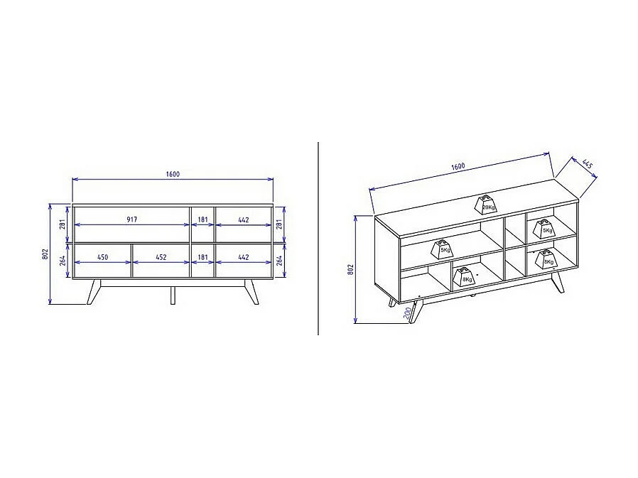 Buffet Bas 3 Portes 7 Niches Blanc et Chêne 5 Pieds Bois L 160 H 80.2 P 44.5 cm