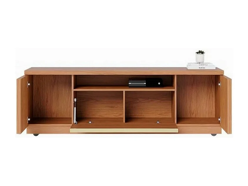 Meuble TV Bar 70 Pouces Chêne 3 Portes 5 Niches Roulettes L 180 H 60.2 P 44.9 cm