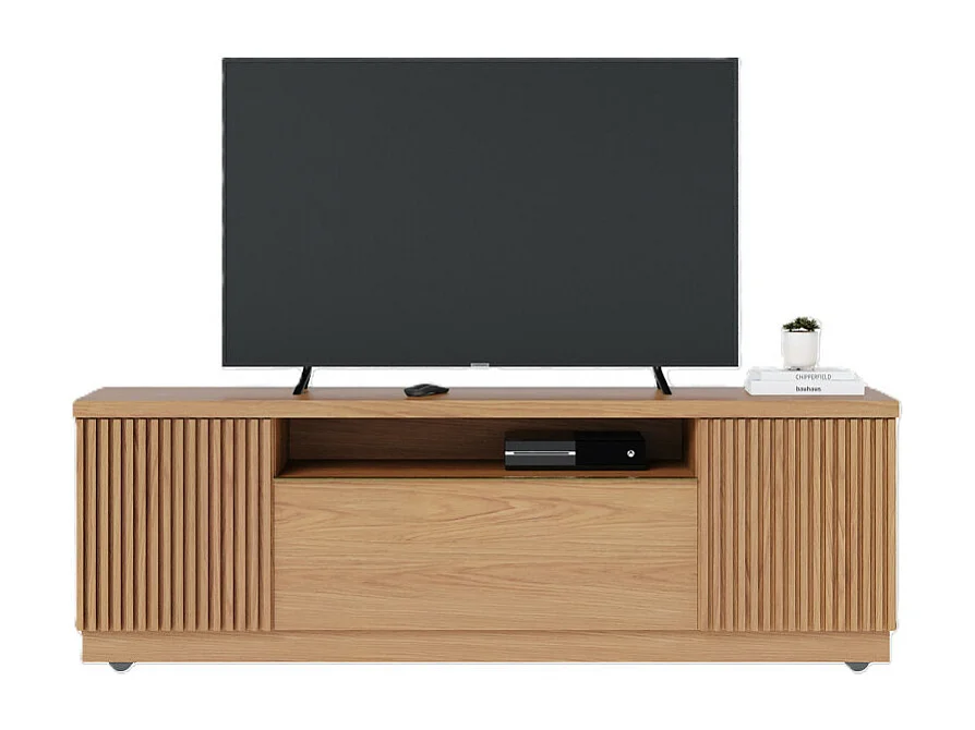 Meuble TV Bar 70 Pouces Chêne 3 Portes 5 Niches Roulettes L 180 H 60.2 P 44.9 cm