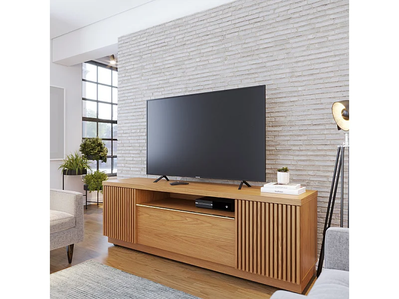 Meuble TV Bar 70 Pouces Chêne 3 Portes 5 Niches Roulettes L 180 H 60.2 P 44.9 cm