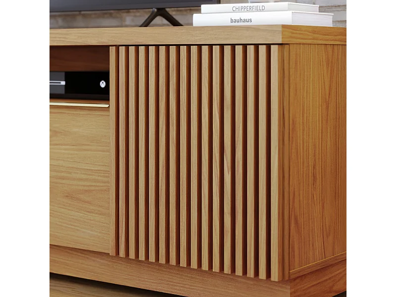 Meuble TV Bar 70 Pouces Chêne 3 Portes 5 Niches Roulettes L 180 H 60.2 P 44.9 cm