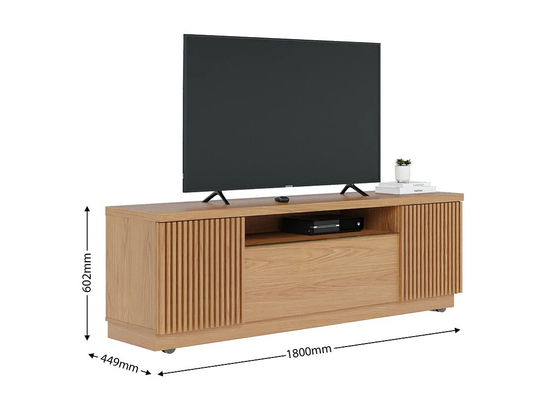 Meuble TV Bar 70 Pouces Chêne 3 Portes 5 Niches Roulettes L 180 H 60.2 P 44.9 cm