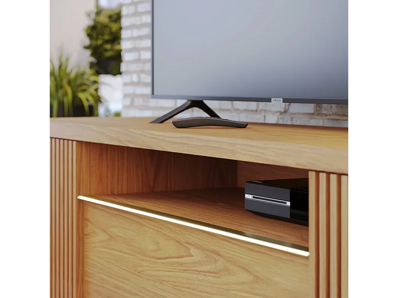 Meuble TV Bar 70 Pouces Chêne 3 Portes 5 Niches Roulettes L 180 H 60.2 P 44.9 cm