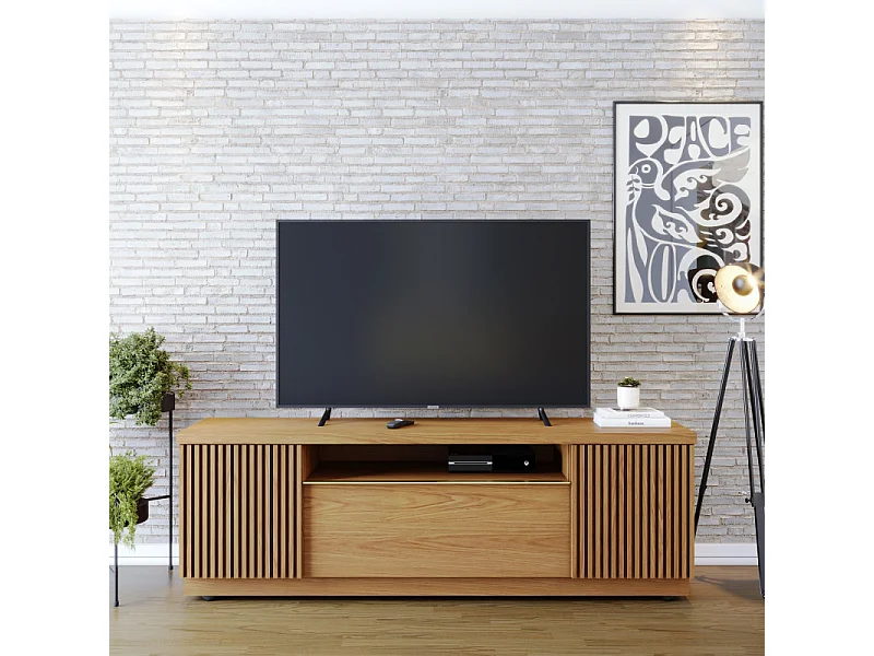 Meuble TV Bar 70 Pouces Chêne 3 Portes 5 Niches Roulettes L 180 H 60.2 P 44.9 cm