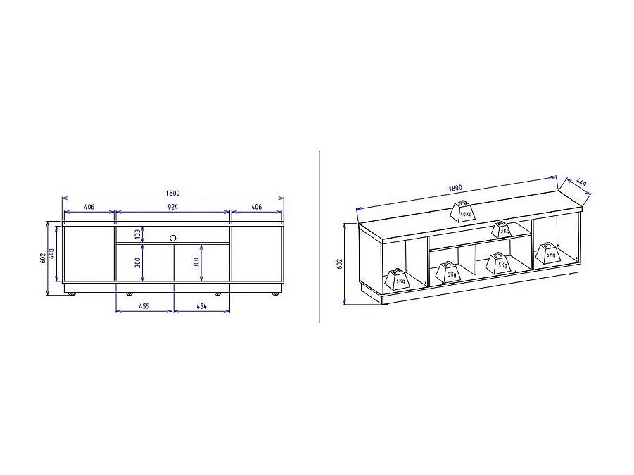 Meuble TV Bar 70 Pouces Chêne 3 Portes 5 Niches Roulettes L 180 H 60.2 P 44.9 cm