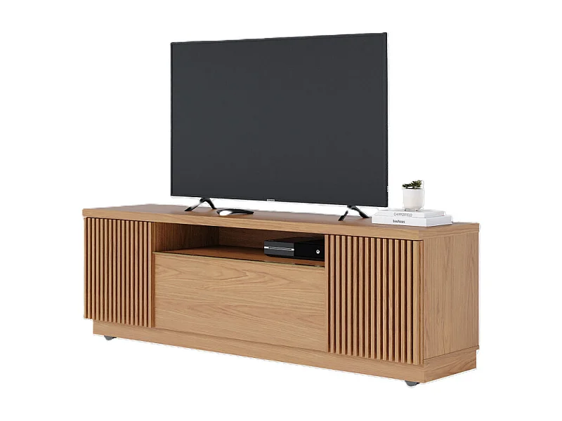 Meuble TV Bar 70 Pouces Chêne 3 Portes 5 Niches Roulettes L 180 H 60.2 P 44.9 cm