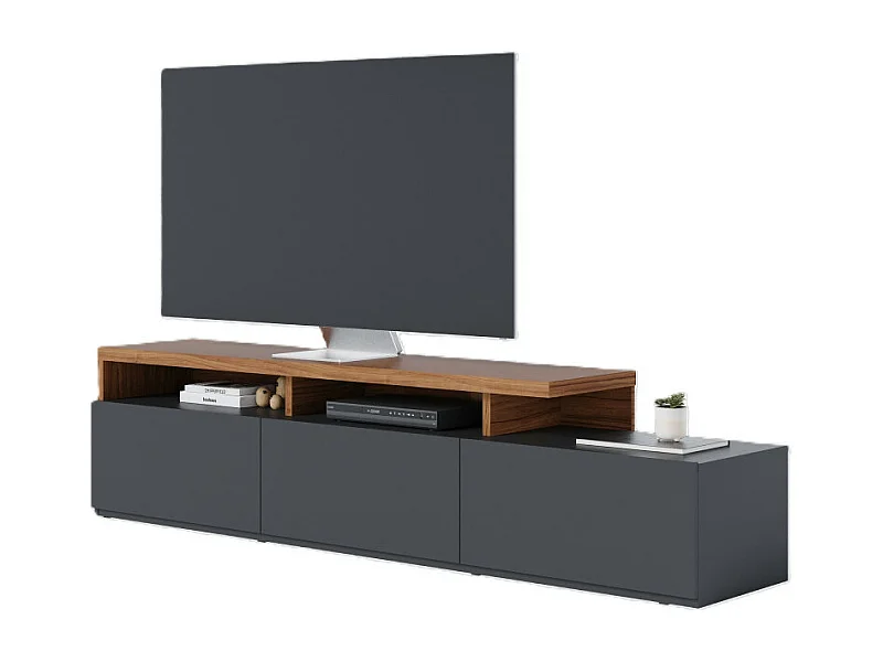 Meuble TV Bar 70 Pouces Chêne et Anthracite 3 Portes 6 Niches L 210 H 50.6 P 45.3 cm