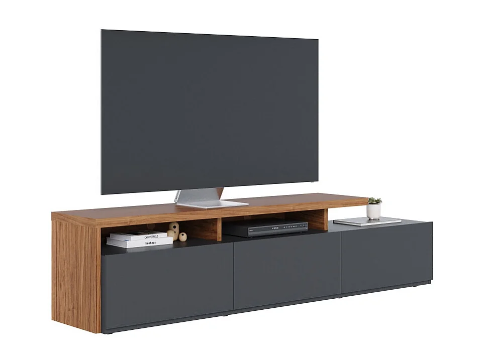 Meuble TV Bar 70 Pouces Chêne et Anthracite 3 Portes 6 Niches L 210 H 50.6 P 45.3 cm