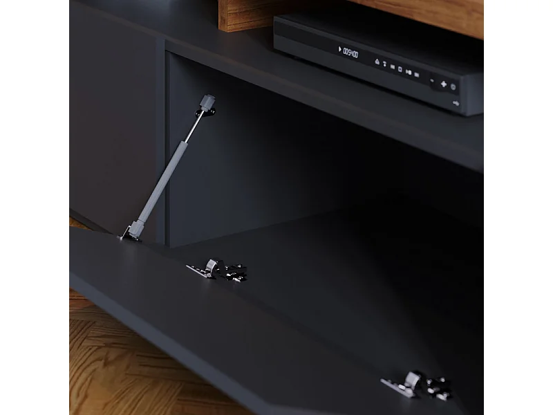 Meuble TV Bar 70 Pouces Chêne et Anthracite 3 Portes 6 Niches L 210 H 50.6 P 45.3 cm