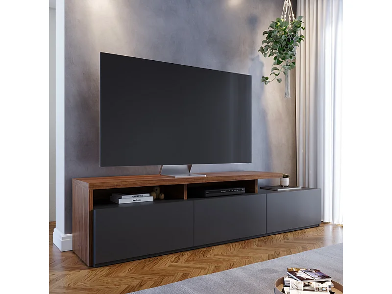 Meuble TV Bar 70 Pouces Chêne et Anthracite 3 Portes 6 Niches L 210 H 50.6 P 45.3 cm