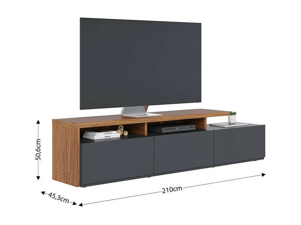 Meuble TV Bar 70 Pouces Chêne et Anthracite 3 Portes 6 Niches L 210 H 50.6 P 45.3 cm