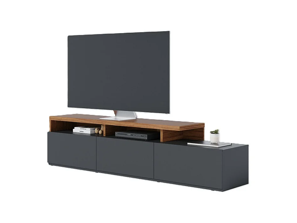 Meuble TV Bar 70 Pouces Chêne et Anthracite 3 Portes 6 Niches L 210 H 50.6 P 45.3 cm
