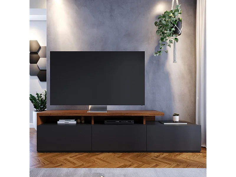 Meuble TV Bar 70 Pouces Chêne et Anthracite 3 Portes 6 Niches L 210 H 50.6 P 45.3 cm