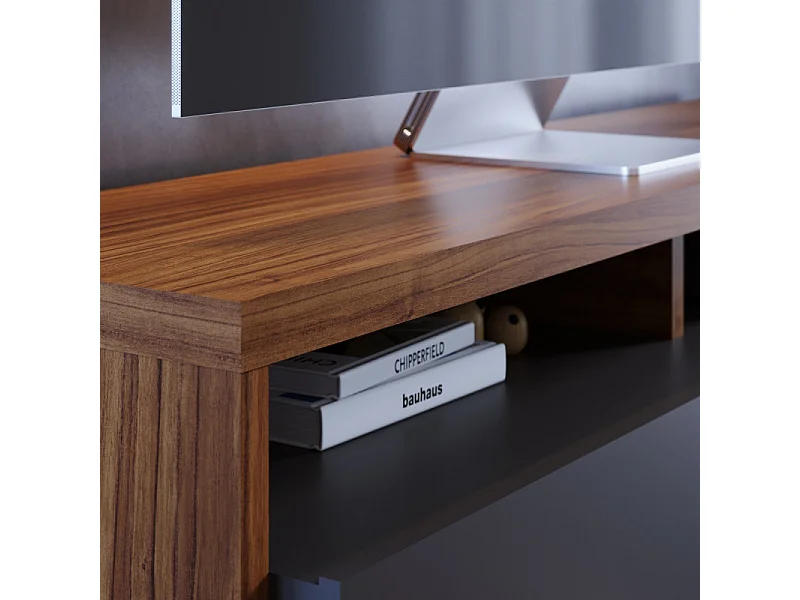 Meuble TV Bar 70 Pouces Chêne et Anthracite 3 Portes 6 Niches L 210 H 50.6 P 45.3 cm