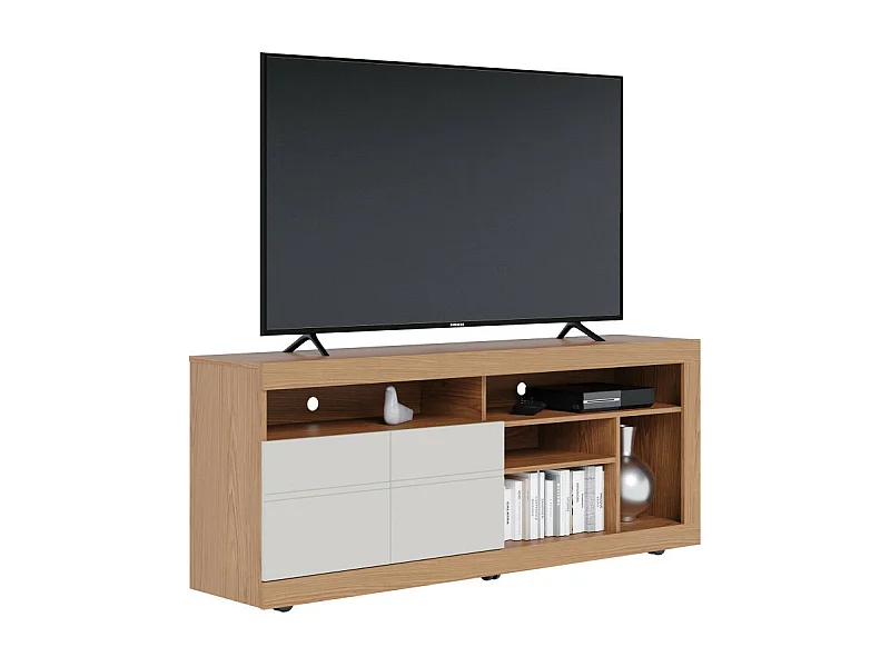 Meuble TV 65 Pouces Chêne et Blanc 2 Portes 6 Niches Roulettes L 160 H 68 P 37.4 cm