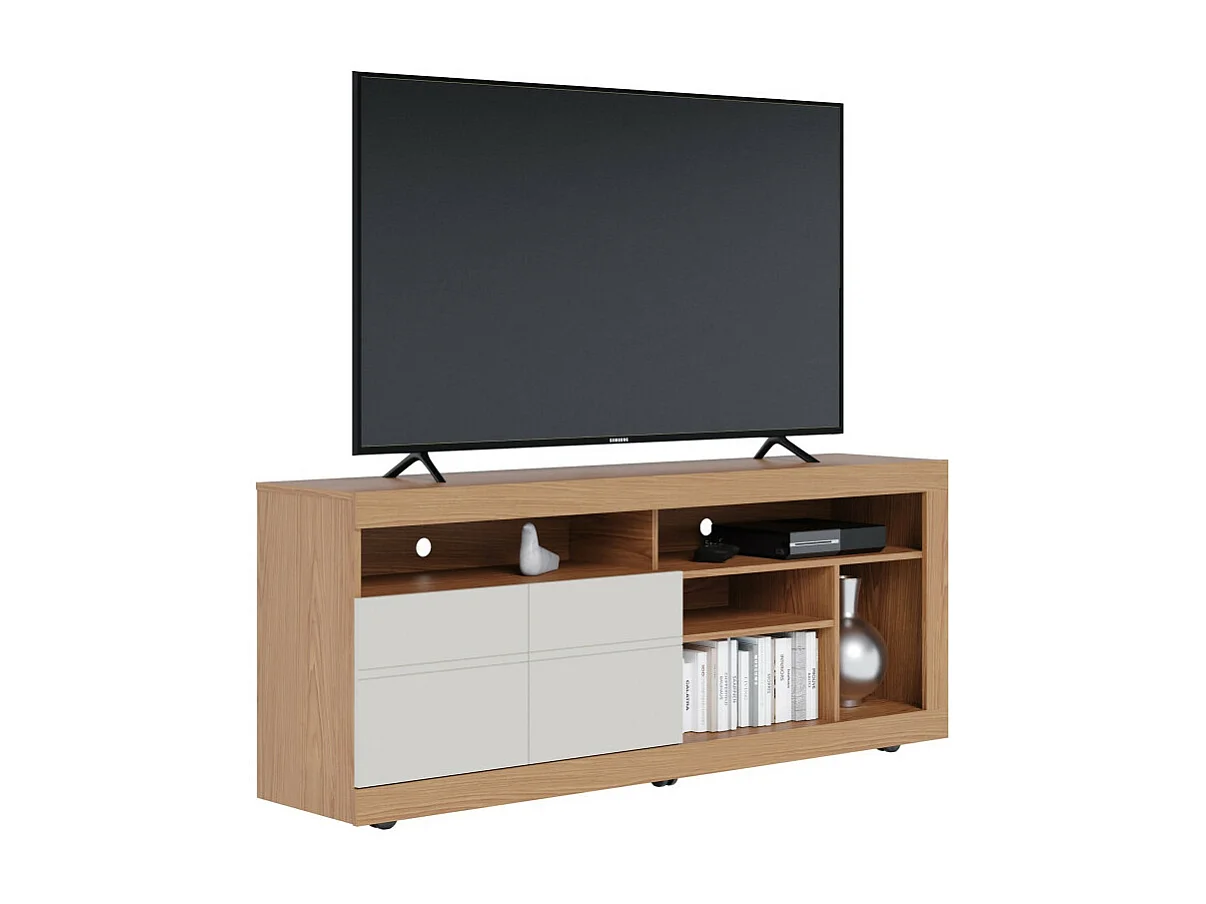 Meuble TV 65 Pouces Chêne et Blanc 2 Portes 6 Niches Roulettes L 160 H 68 P 37.4 cm
