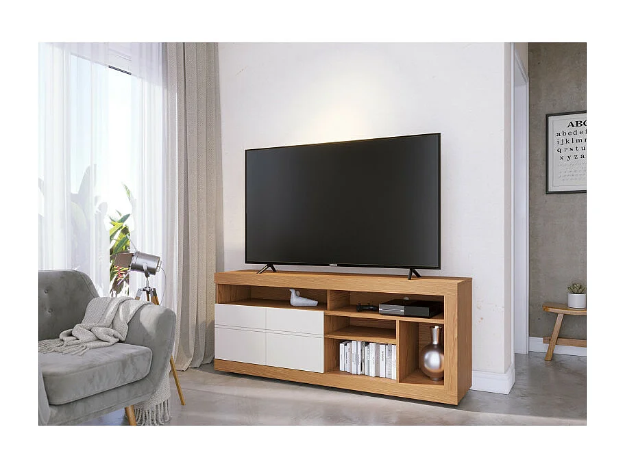 Meuble TV 65 Pouces Chêne et Blanc 2 Portes 6 Niches Roulettes L 160 H 68 P 37.4 cm