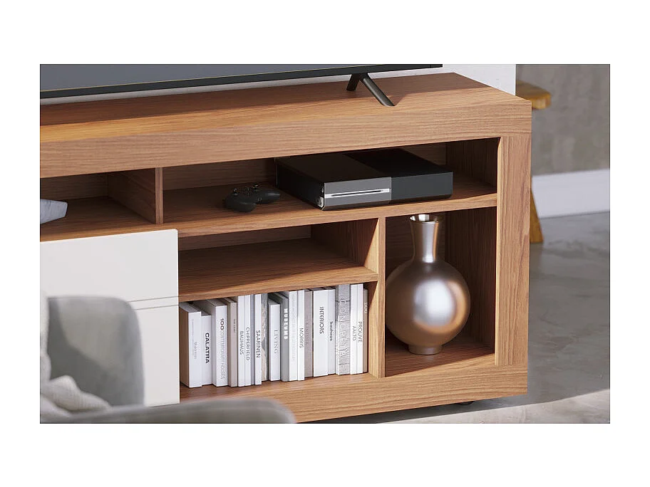 Meuble TV 65 Pouces Chêne et Blanc 2 Portes 6 Niches Roulettes L 160 H 68 P 37.4 cm