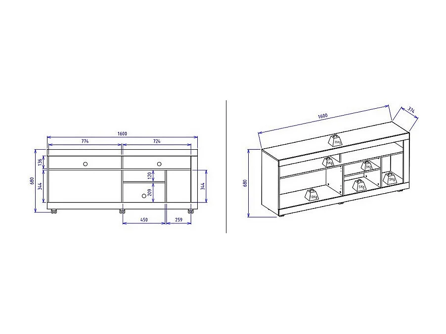 Meuble TV 65 Pouces Chêne et Blanc 2 Portes 6 Niches Roulettes L 160 H 68 P 37.4 cm