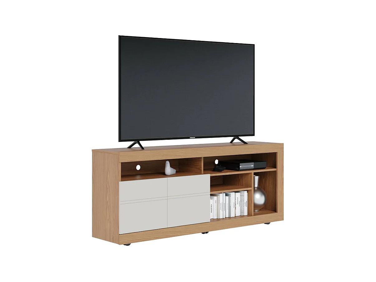 Meuble TV 65 Pouces Chêne et Blanc 2 Portes 6 Niches Roulettes L 160 H 68 P 37.4 cm