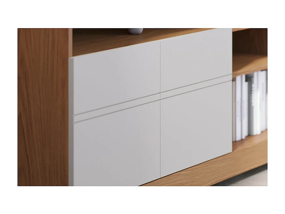 Meuble TV 65 Pouces Chêne et Blanc 2 Portes 6 Niches Roulettes L 160 H 68 P 37.4 cm