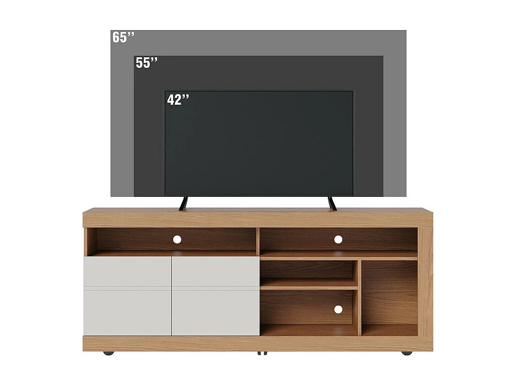 Meuble TV 65 Pouces Chêne et Blanc 2 Portes 6 Niches Roulettes L 160 H 68 P 37.4 cm