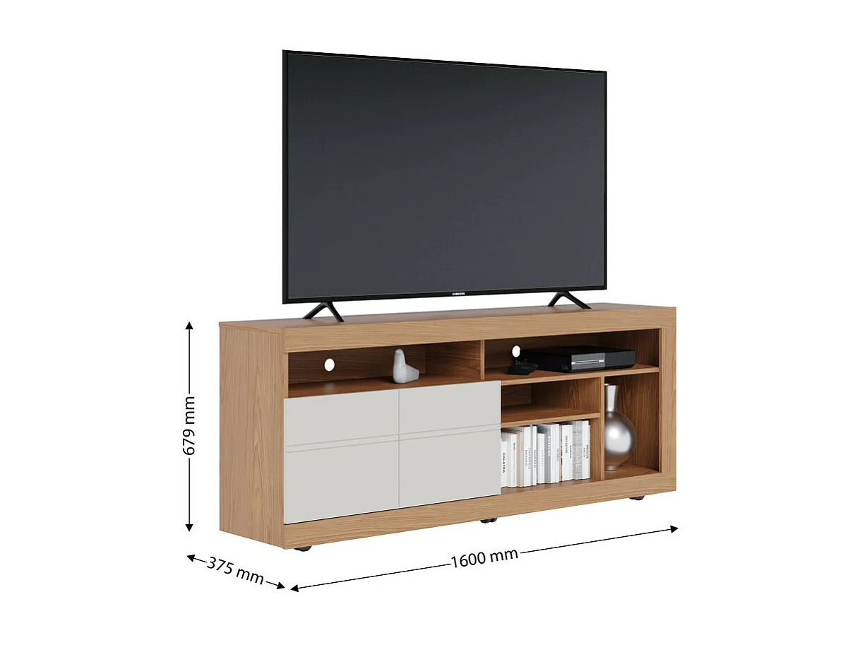 Meuble TV 65 Pouces Chêne et Blanc 2 Portes 6 Niches Roulettes L 160 H 68 P 37.4 cm