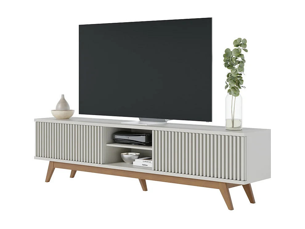 Meuble TV 75 Pouces Blanc Pieds Bois 4 Portes 8 Niches L 218 H 57 P 40 cm
