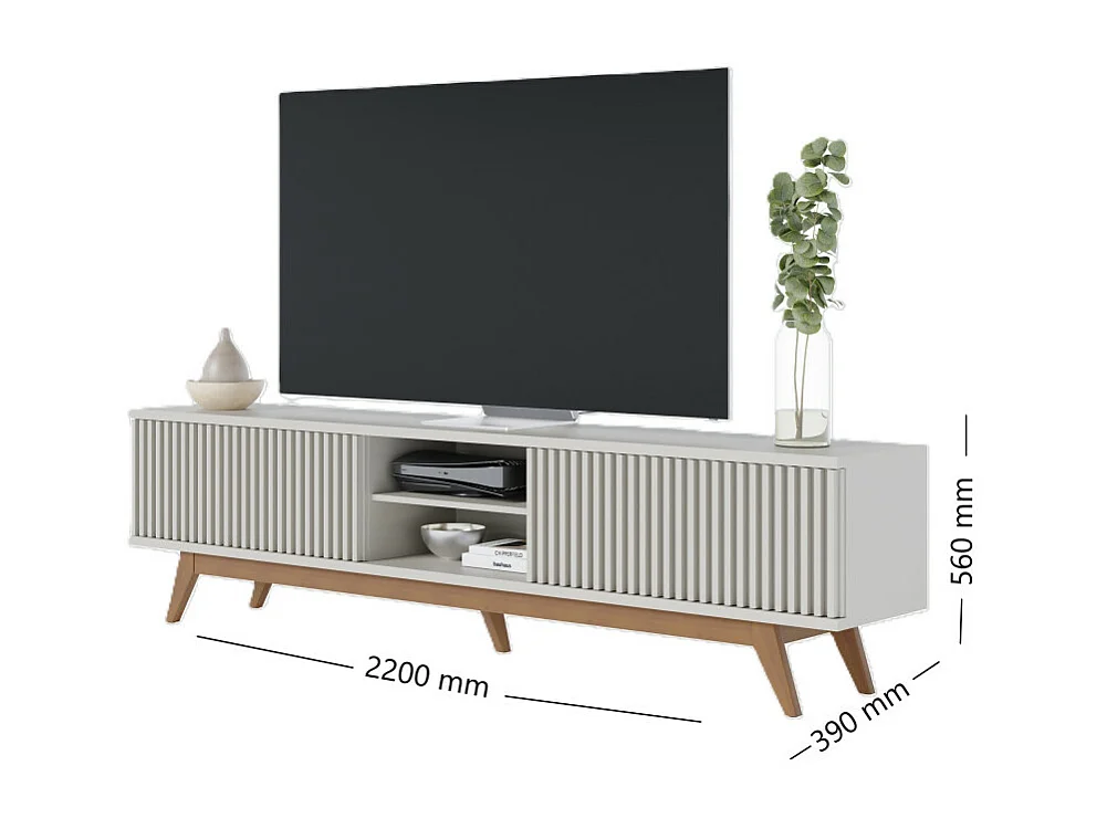 Meuble TV 75 Pouces Blanc Pieds Bois 4 Portes 8 Niches L 218 H 57 P 40 cm