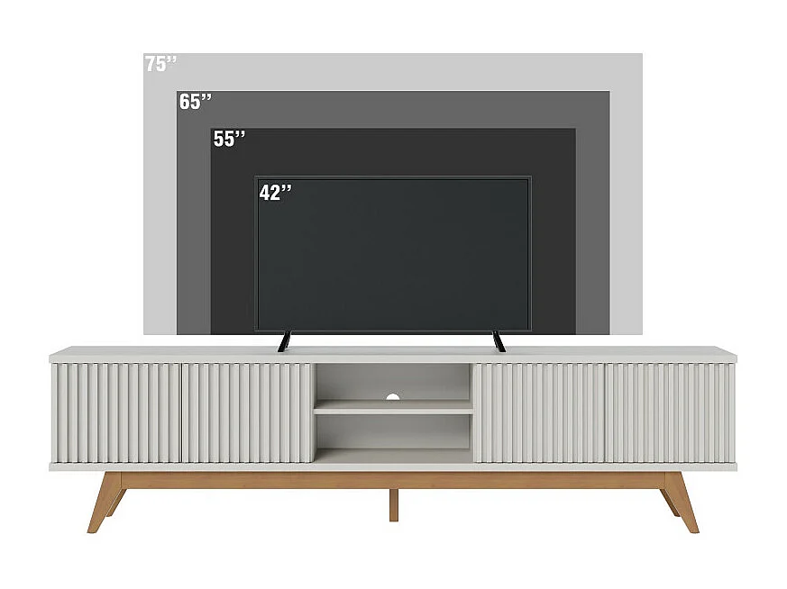 Meuble TV 75 Pouces Blanc Pieds Bois 4 Portes 8 Niches L 218 H 57 P 40 cm