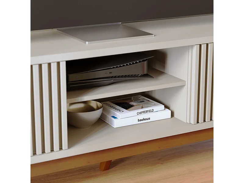 Meuble TV 75 Pouces Blanc Pieds Bois 4 Portes 8 Niches L 218 H 57 P 40 cm