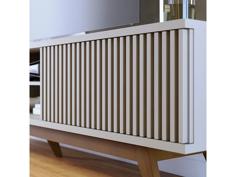 Meuble TV 75 Pouces Blanc Pieds Bois 4 Portes 8 Niches L 218 H 57 P 40 cm