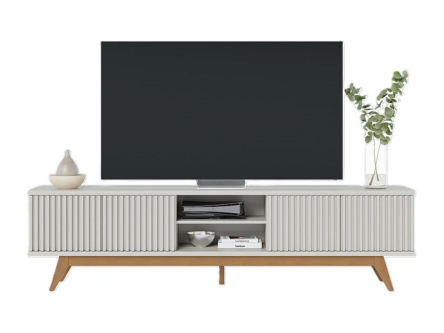 Meuble TV 75 Pouces Blanc Pieds Bois 4 Portes 8 Niches L 218 H 57 P 40 cm