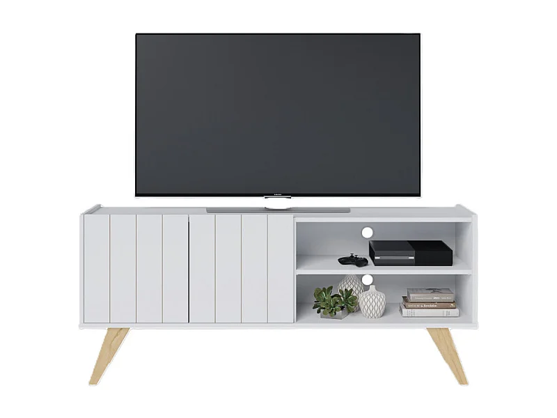 Meuble TV Bar 55 Pouces Blanc Pieds Bois 2 Portes 3 Niches L 135.8 H 58.7 P 36.1cm