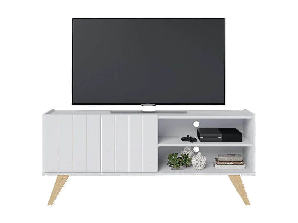 Meuble TV Bar 55 Pouces Blanc Pieds Bois 2 Portes 3 Niches L 135.8 H 58.7 P 36.1cm