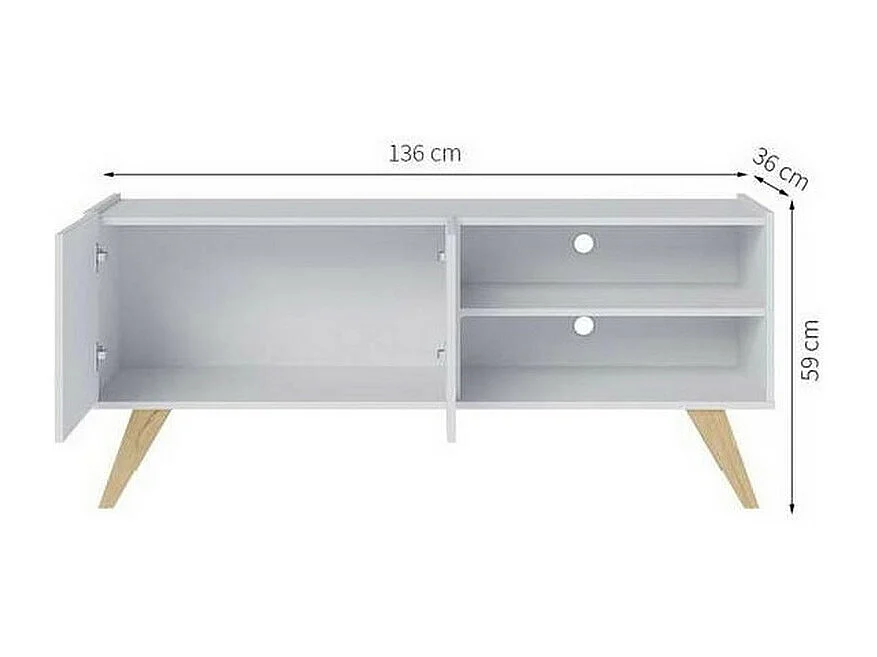 Meuble TV Bar 55 Pouces Blanc Pieds Bois 2 Portes 3 Niches L 135.8 H 58.7 P 36.1cm