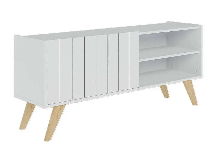 Meuble TV Bar 55 Pouces Blanc Pieds Bois 2 Portes 3 Niches L 135.8 H 58.7 P 36.1cm