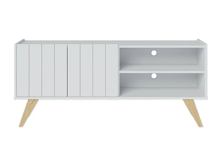 Meuble TV Bar 55 Pouces Blanc Pieds Bois 2 Portes 3 Niches L 135.8 H 58.7 P 36.1cm