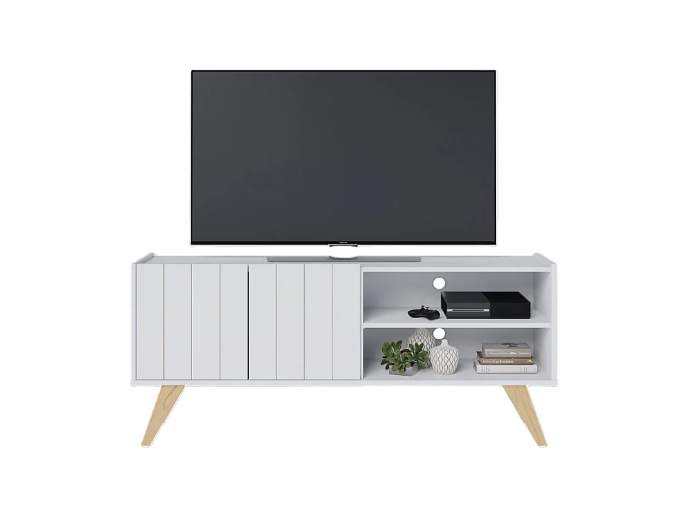 Meuble TV Bar 55 Pouces Blanc Pieds Bois 2 Portes 3 Niches L 135.8 H 58.7 P 36.1cm