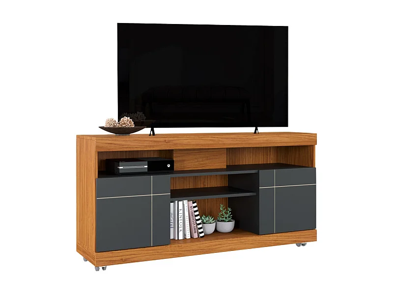 Meuble TV 47 Pouces Chêne et Anthracite 2 Portes 5 Niches Roulettes L 136 H 69.8 P 37.4 cm
