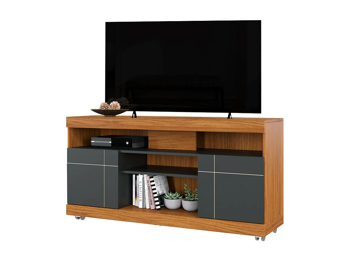 Meuble TV 47 Pouces Chêne et Anthracite 2 Portes 5 Niches Roulettes L 136 H 69.8 P 37.4 cm