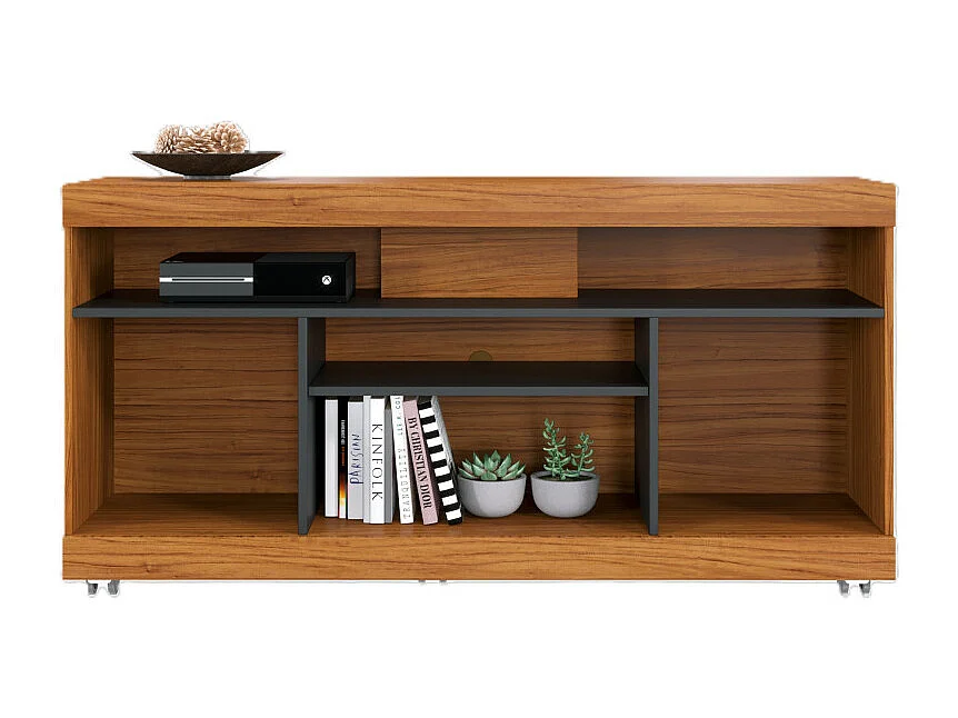 Meuble TV 47 Pouces Chêne et Anthracite 2 Portes 5 Niches Roulettes L 136 H 69.8 P 37.4 cm