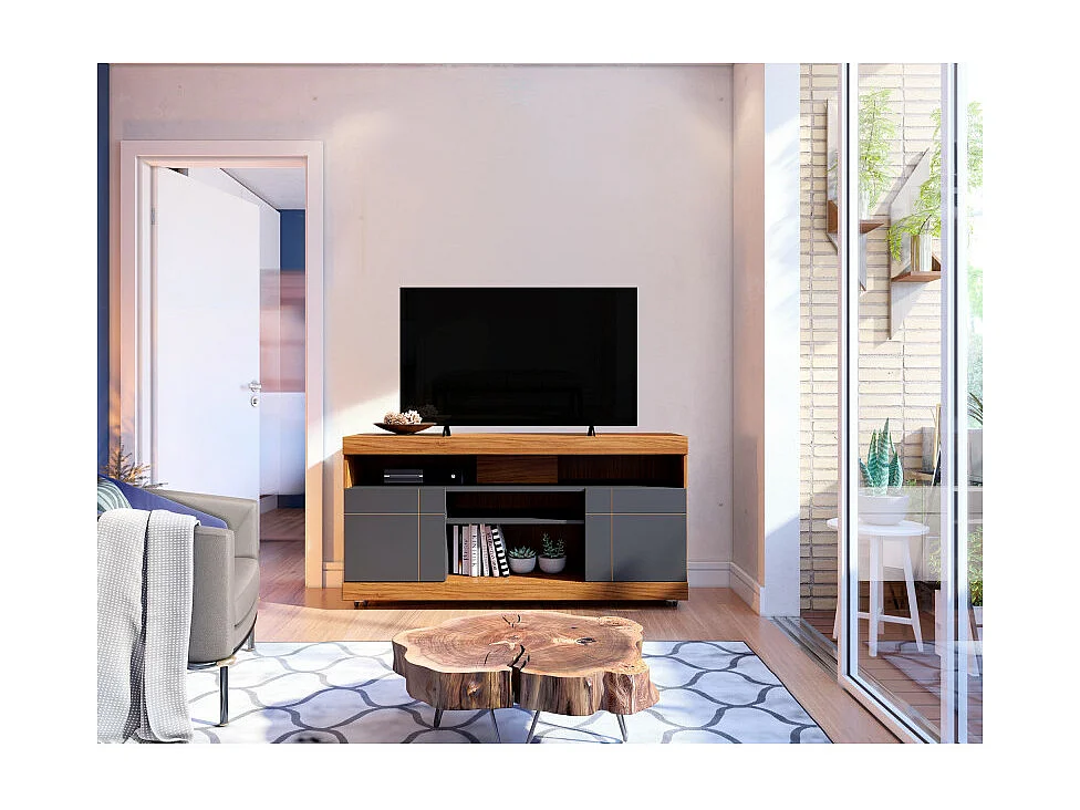 Meuble TV 47 Pouces Chêne et Anthracite 2 Portes 5 Niches Roulettes L 136 H 69.8 P 37.4 cm