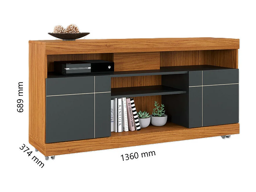 Meuble TV 47 Pouces Chêne et Anthracite 2 Portes 5 Niches Roulettes L 136 H 69.8 P 37.4 cm