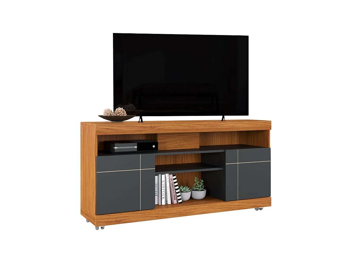 Meuble TV 47 Pouces Chêne et Anthracite 2 Portes 5 Niches Roulettes L 136 H 69.8 P 37.4 cm
