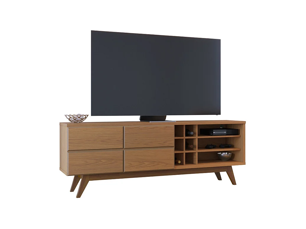 Meuble TV 75 Pouces Chêne Pieds Bois 2 Portes 11 Niches L 180 H 64.2 P 36.5 cm